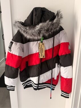 Hardsoda Million Dollar Geometric Puffer Jacket Fur Hood Men's Size XXL NWT